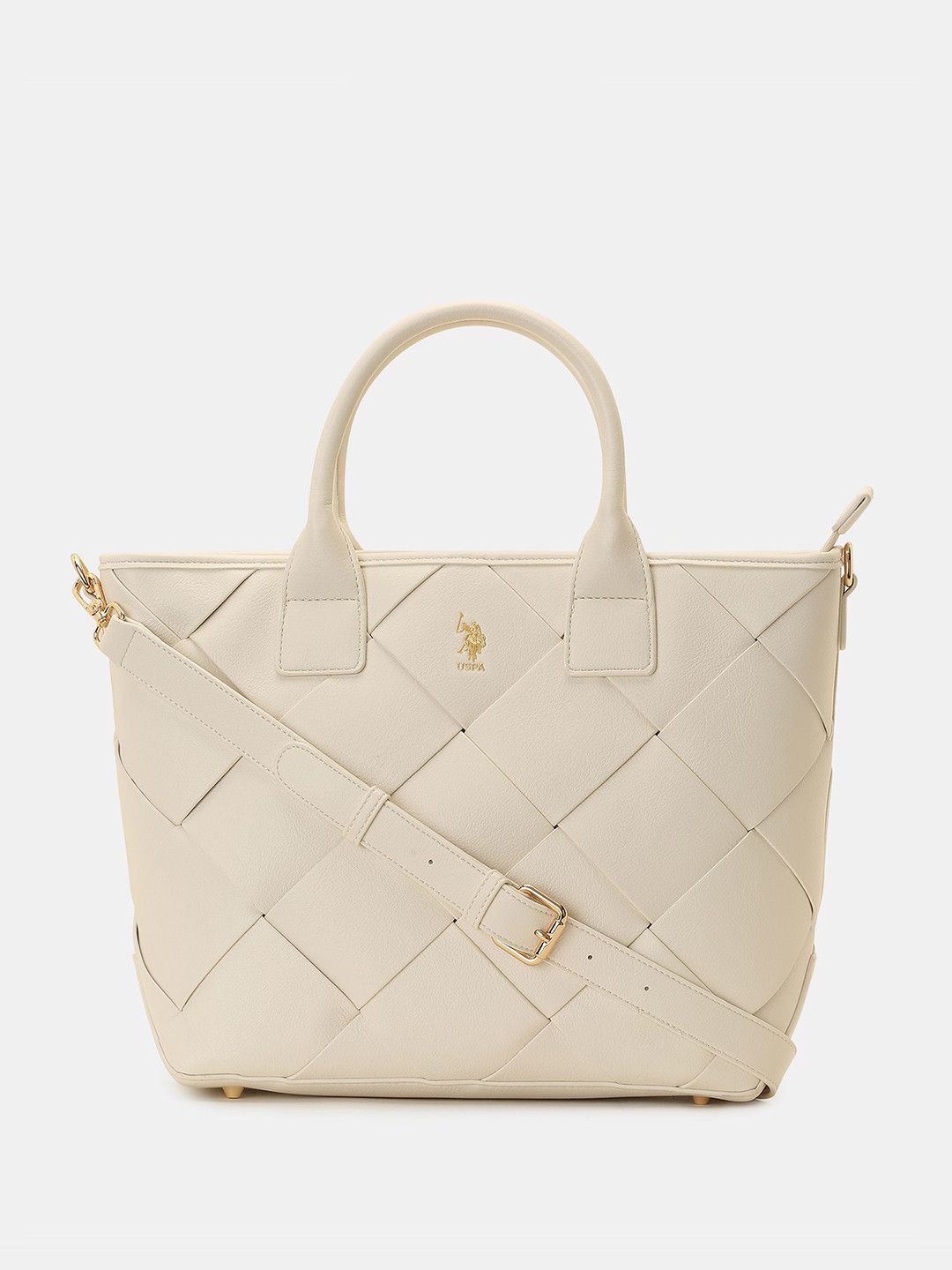 U.S. Polo Assn. Women Bayla Off White Textured Tote Bag with Detachable Sling