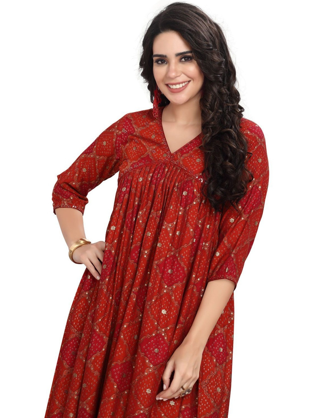 GREAT OUTFITS Bandhani Printed Pleated V-Neck A-Line Dress