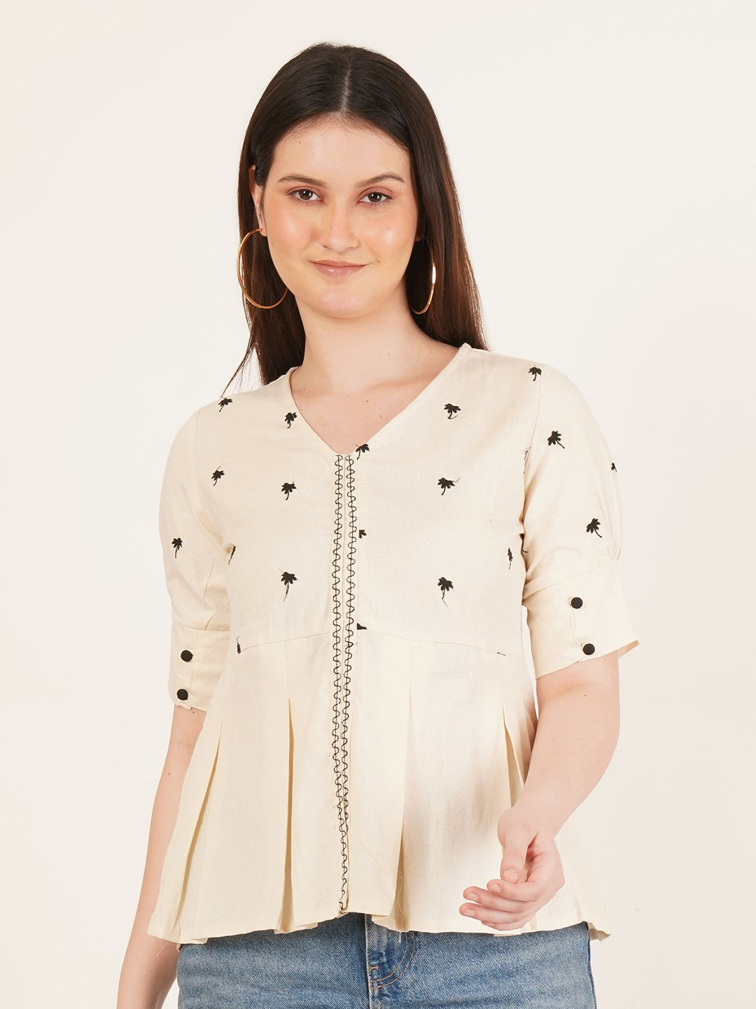 Missethic Floral Yoke Design Empire V-Neck Thread Work Pure Cotton Anarkali Kurti