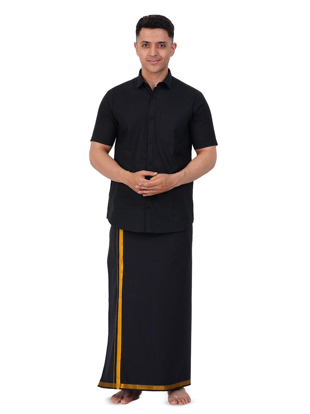 PRAKASAM COTTON Mens Single Jari Border  Black Dhoti with  Readymade Half Sleeve Shirt