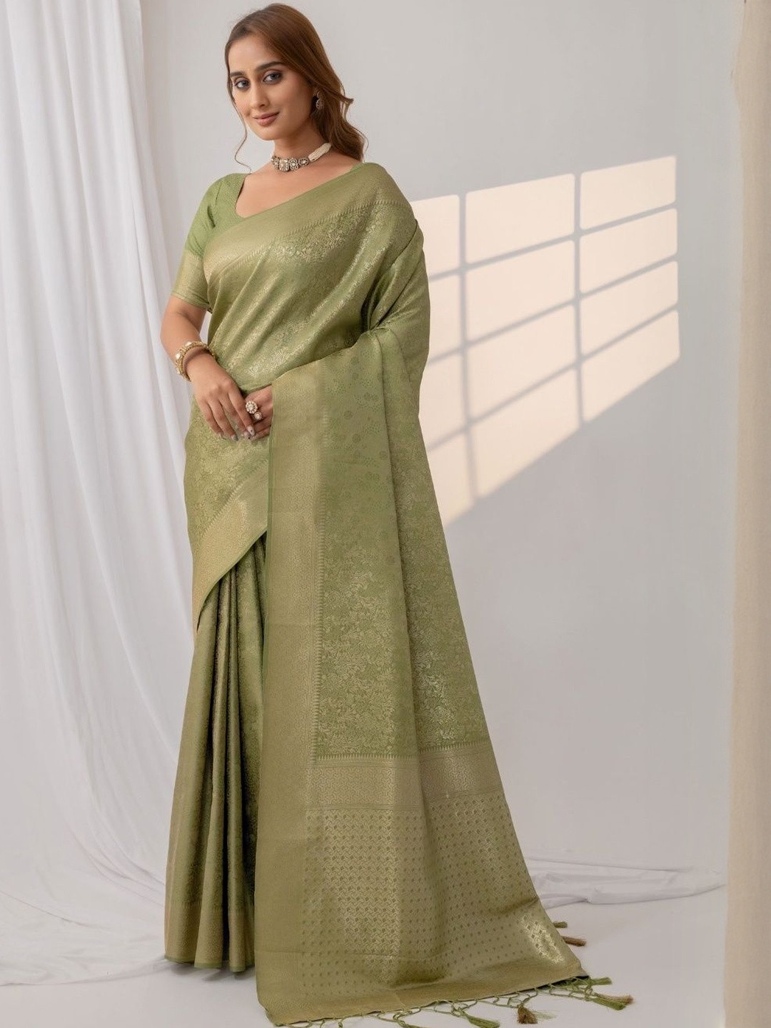 VARYAM Floral Woven Design Satin Banarasi Saree