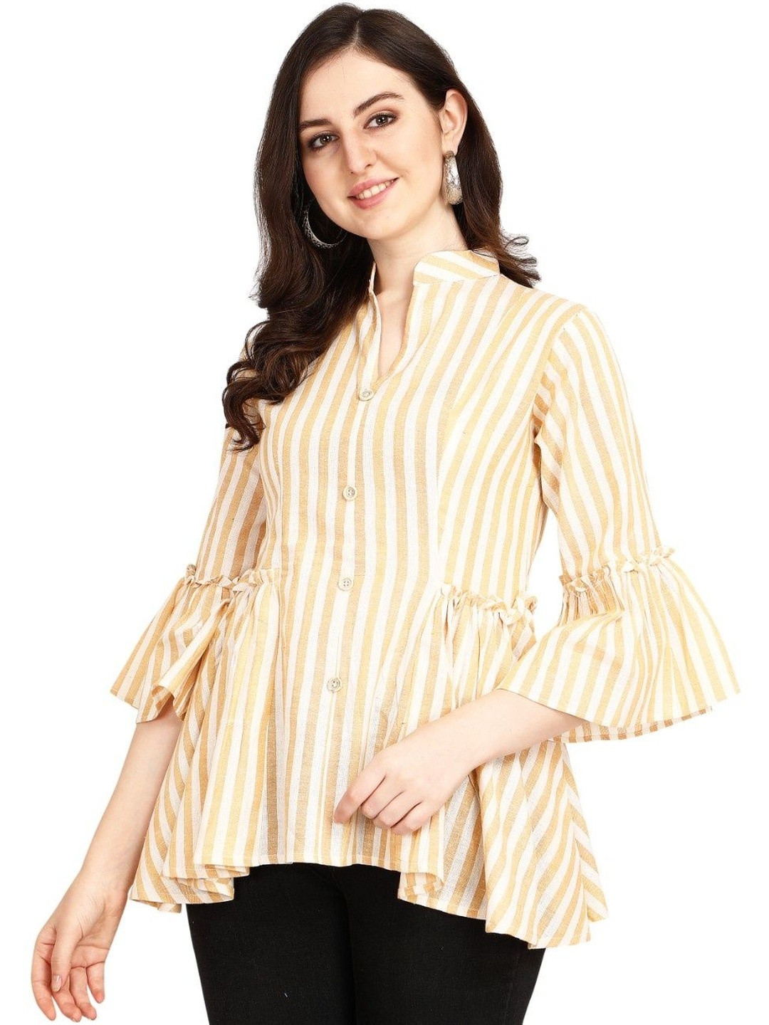 SZN Yellow Vertical Striped Shirt Collar Top