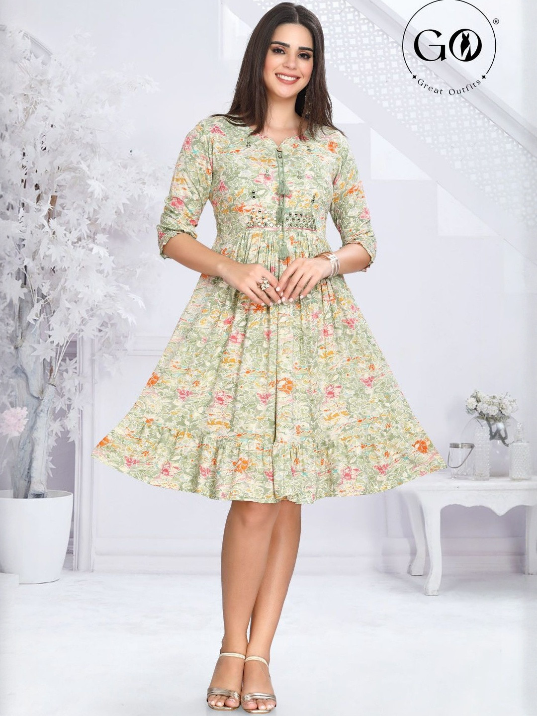 GREAT OUTFITS Women Green Viscose Rayon Frock Style Printed Kurtis with Peplum Border