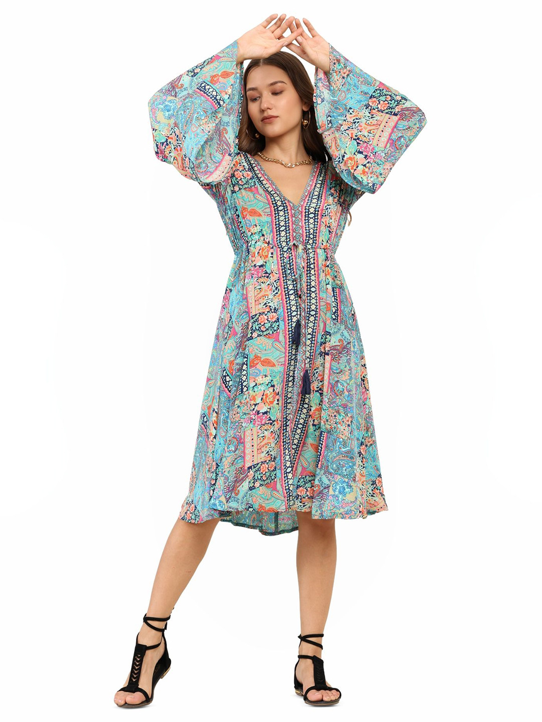 GALE GIRLS Women Floral Printed Flared Sleeve A-Line Midi Dress