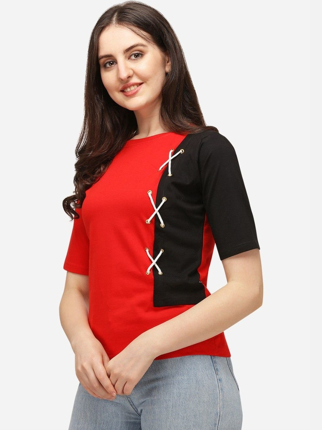 SZN Women Red Solid Round Neck Three-Quarter Sleeves Tops