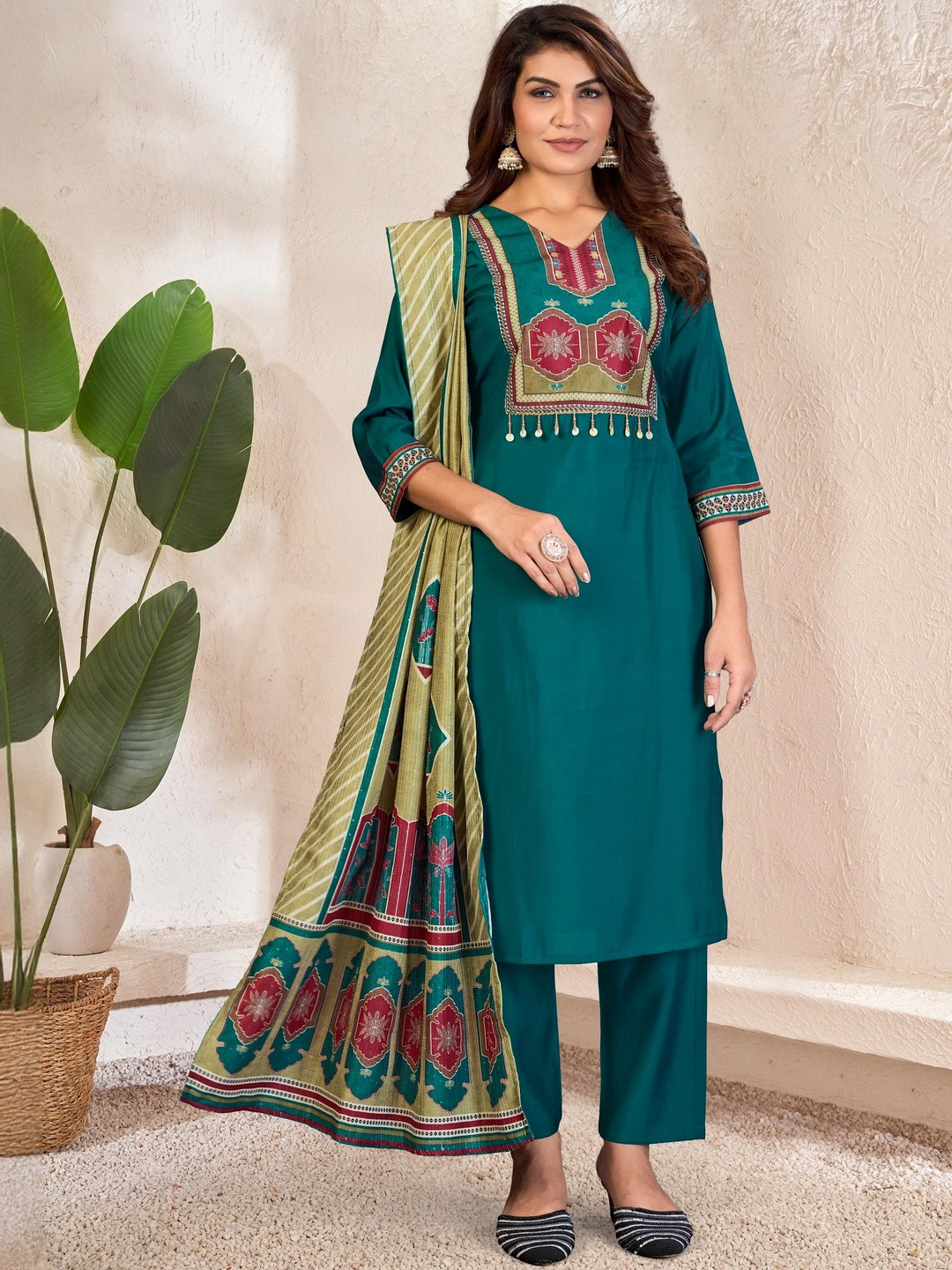 OLWAZE Floral Yoke Design V-Neck Beads Straight Kurta With Trousers & Dupatta