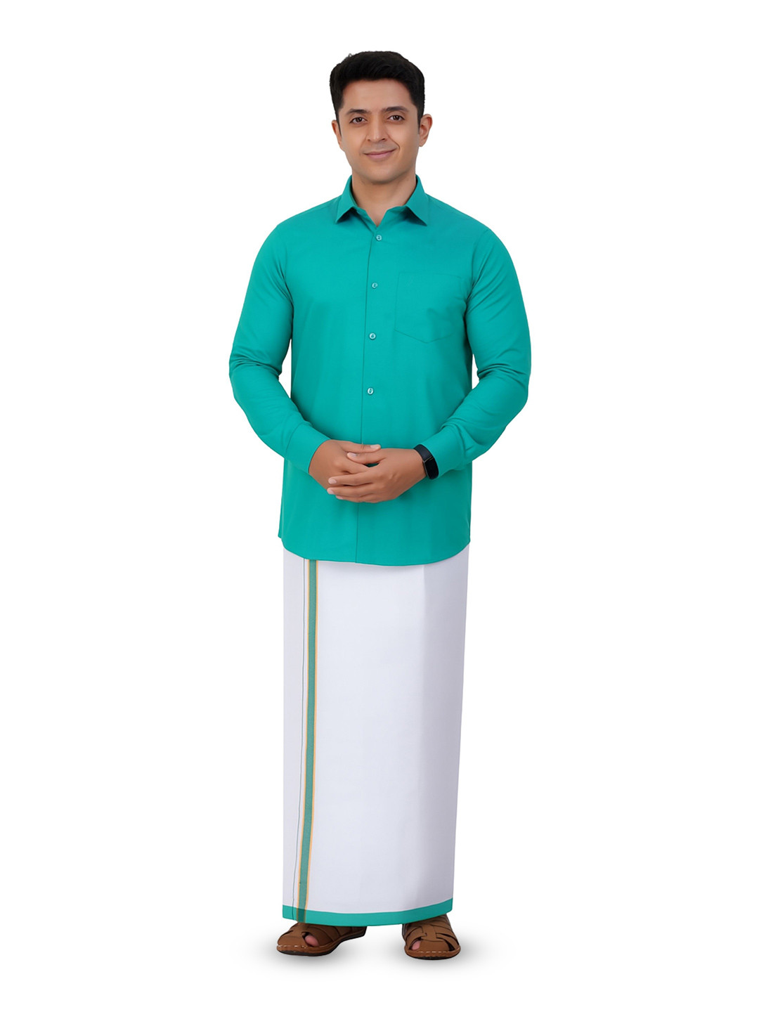 PRAKASAM COTTON Readymade Full Sleeve Shirt and Matching Border Dhoti Set