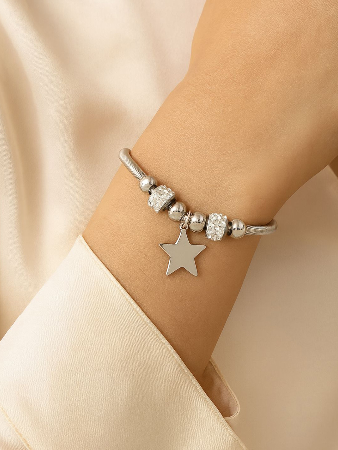 I Jewels Silver-Plated Crystals Studded Charm Bracelet With Star Drop