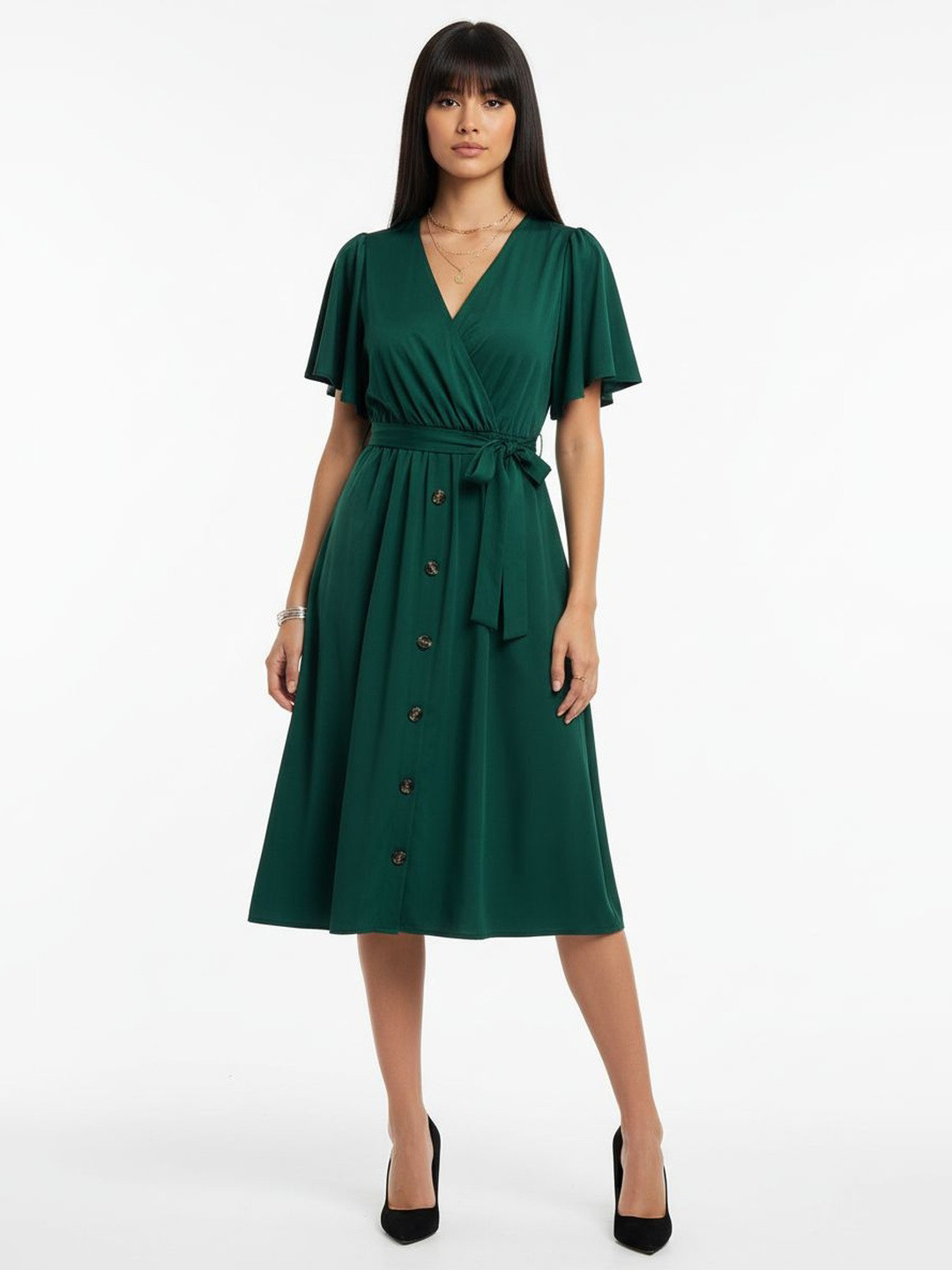 DressBerry Button Detailing Flared Sleeves Midi Wrap Dress with Belt