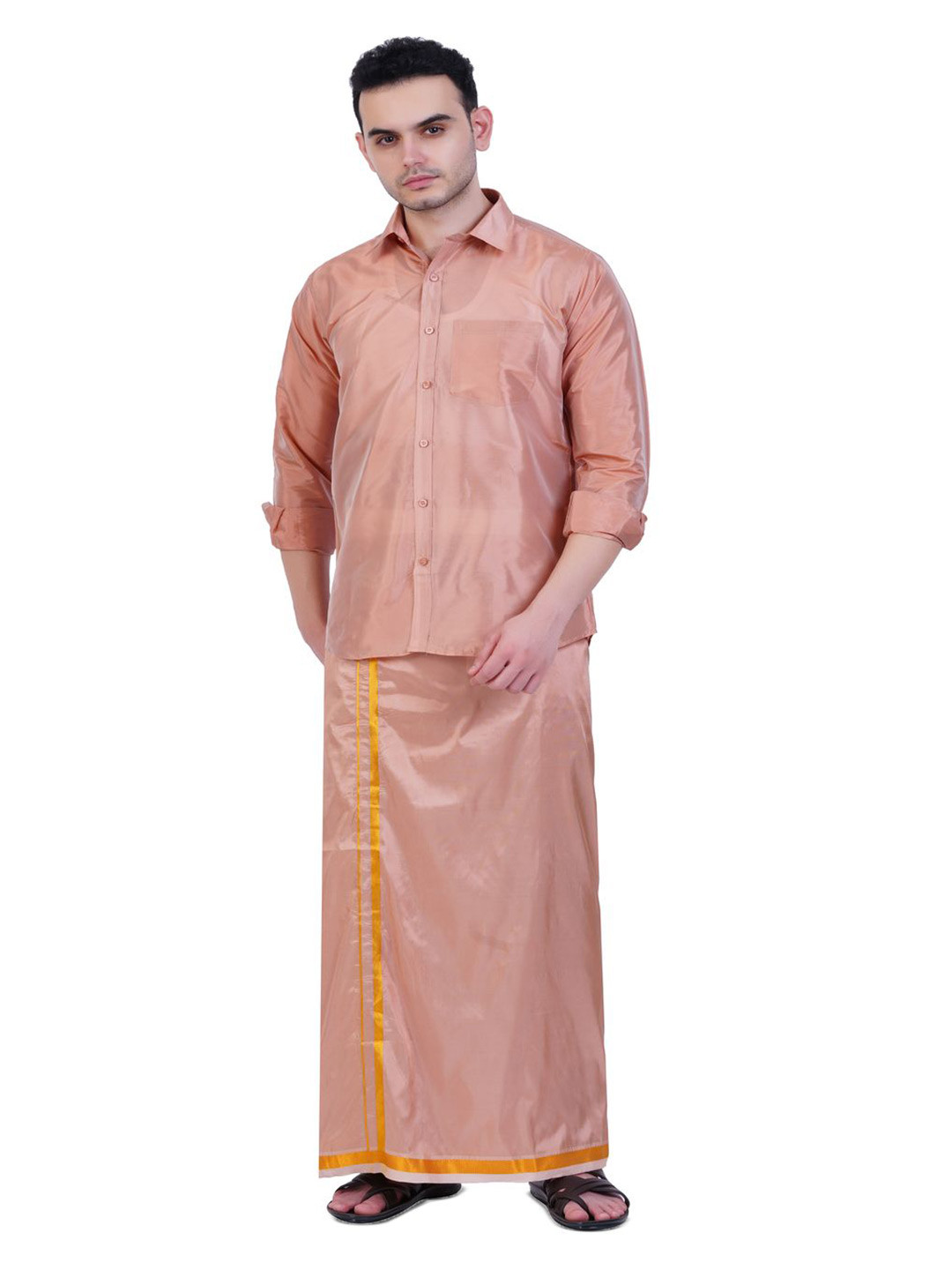 PRAKASAM COTTON Mens Art Silk 8 Mulam (8-Yard) Dhoti with Full Sleeve Shirt Wedding Set