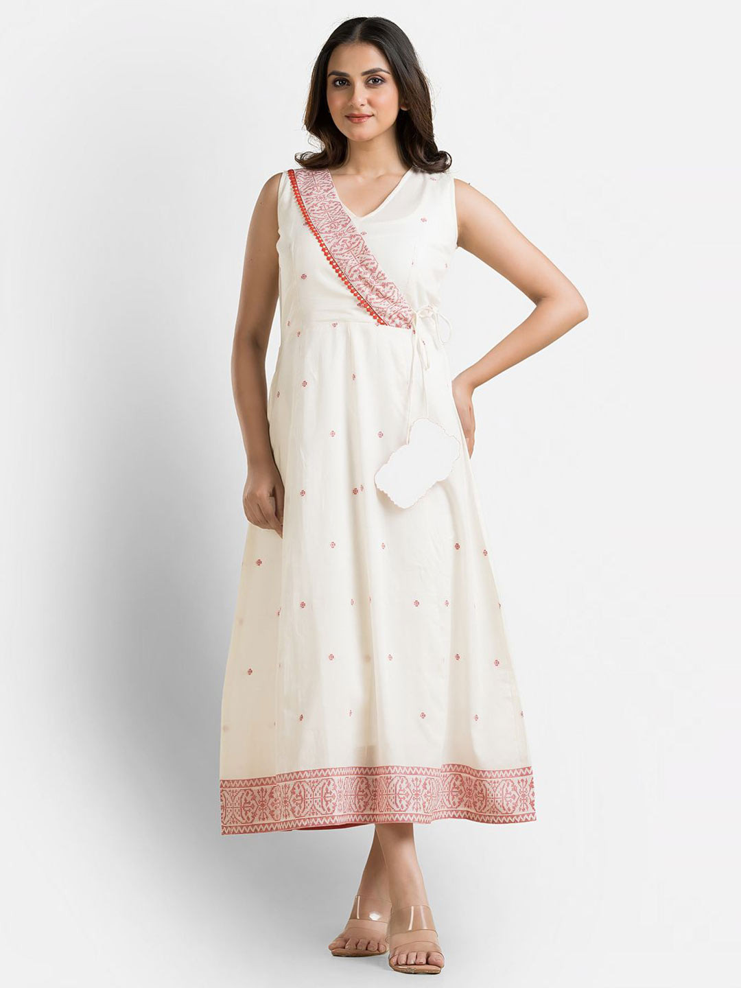 Crazy Needle Women Ethnic Motifs Embroidered V Neck Wrap Anagaraksha Pattern Jamdani Dress