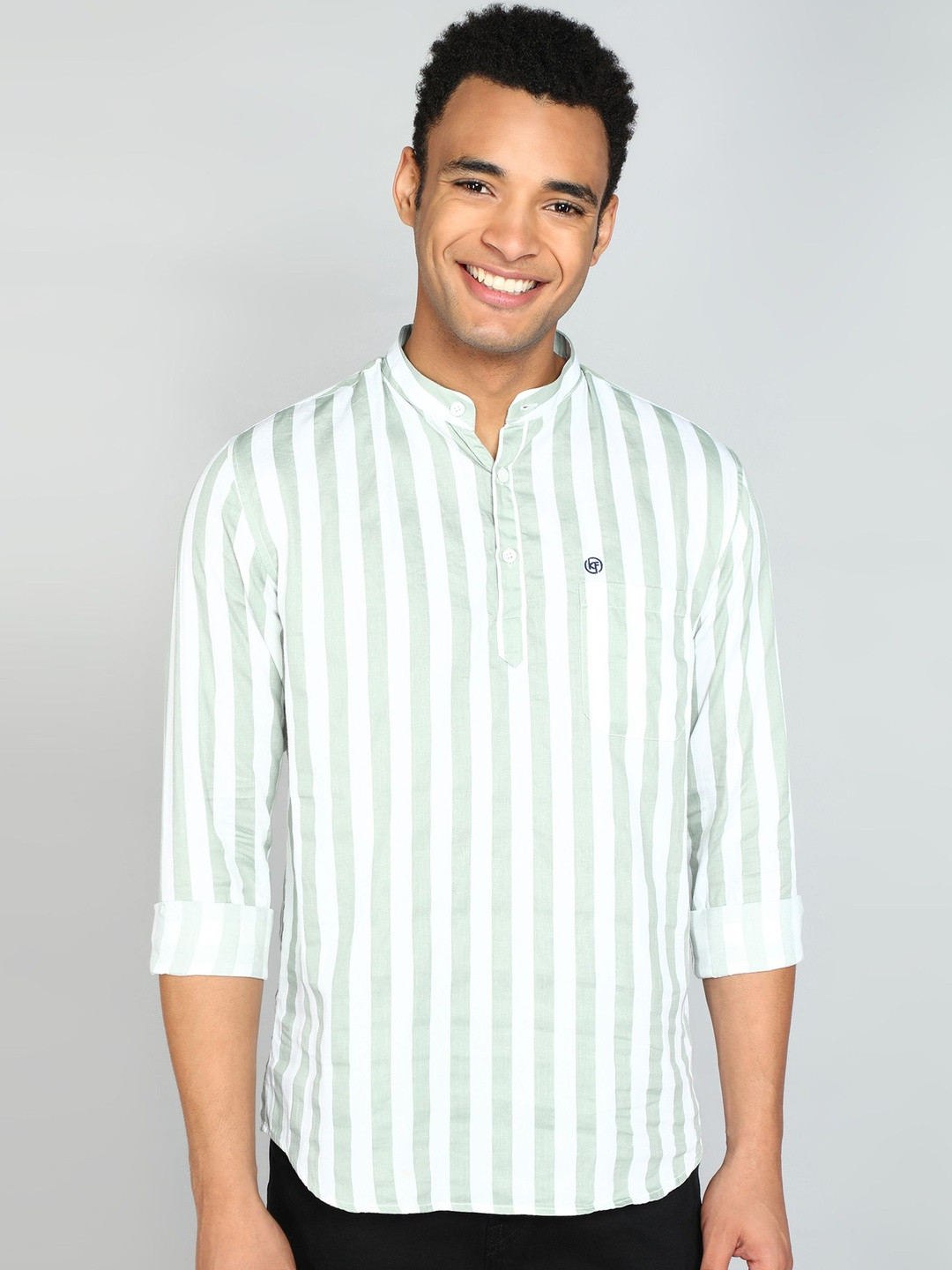 Kolor Fusion Men Striped Band Collar Straight Kurtas