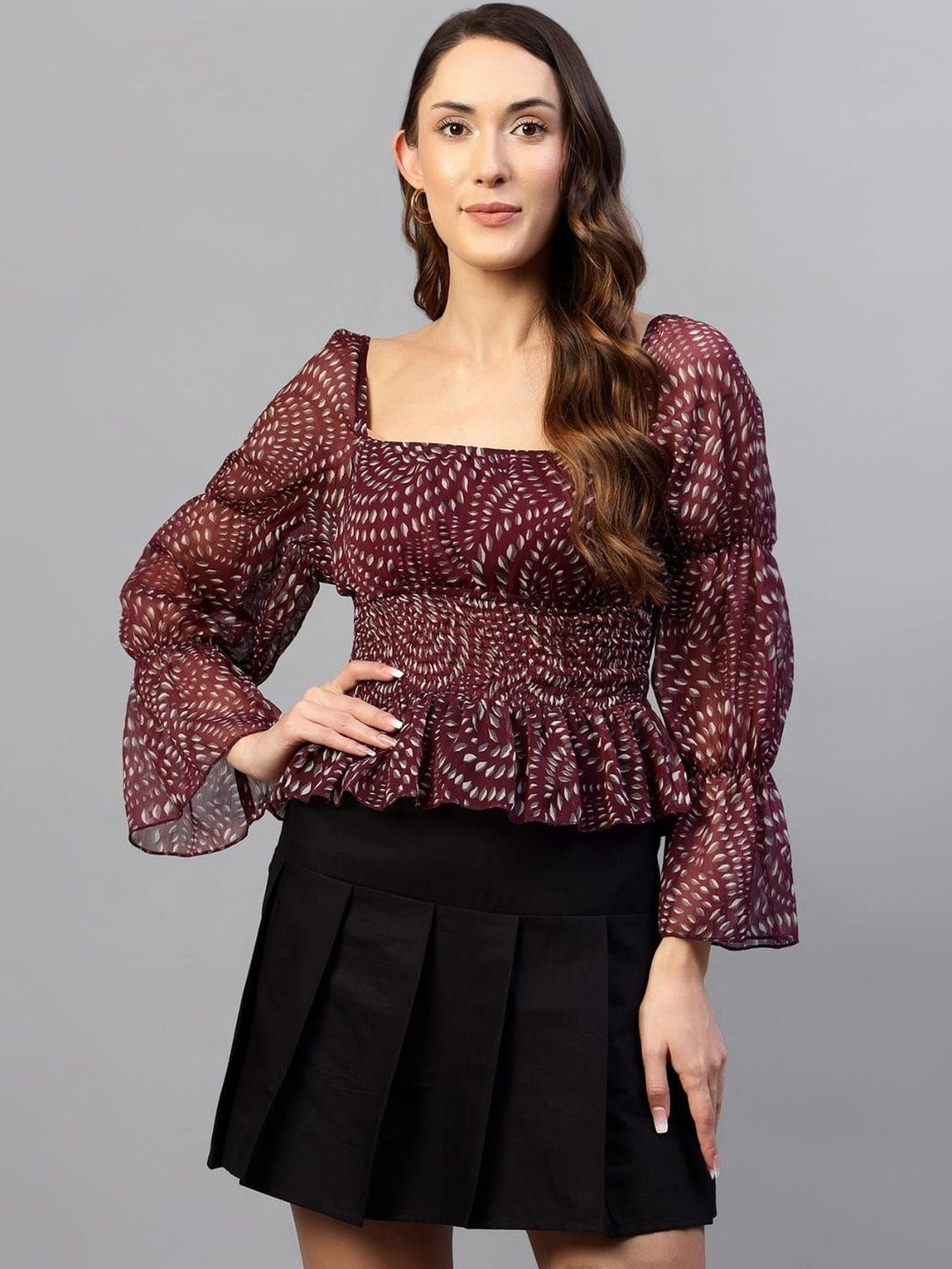 Kirav Ventures Women Floral Printed Smocked Peplum Top