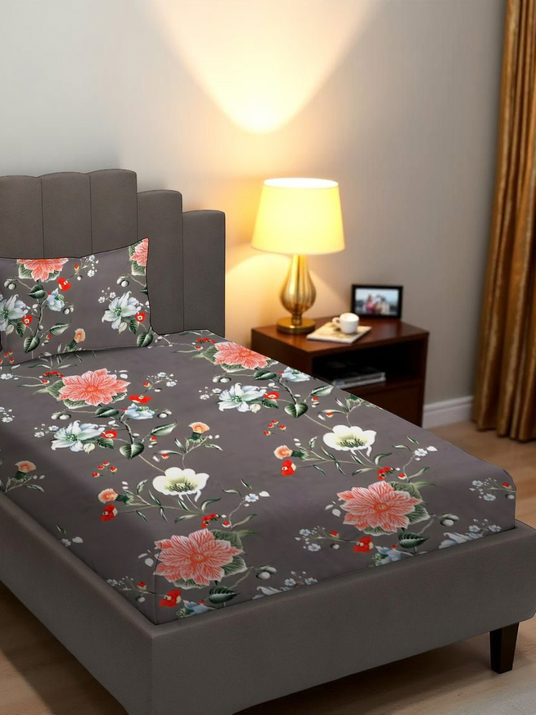 Aura Coffee Brown & Red Floral 240 TC Cotton Single Bedsheet With 1 Pillow Cover