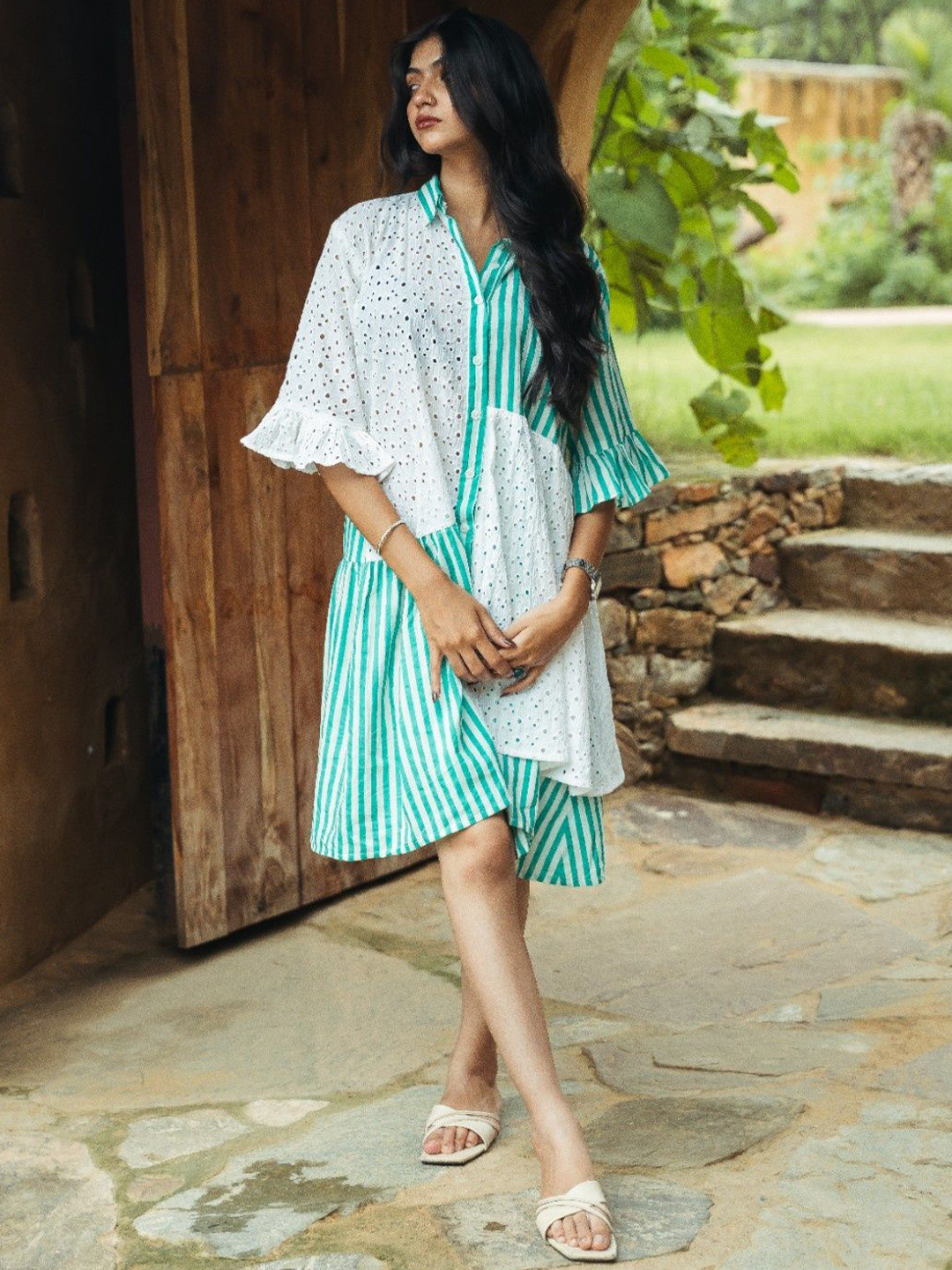 Satnam Handicrafts Striped Printed Schiffli Flared Sleeve A-Line Dress