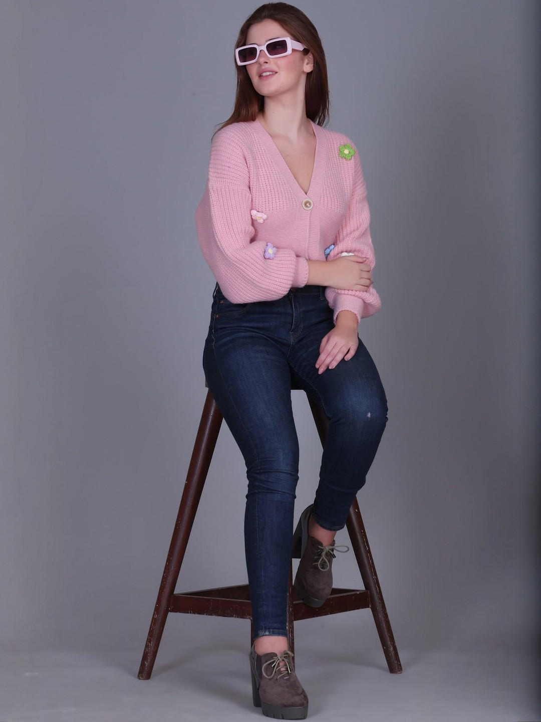 BLESSINTIMATES Womens Knitted V-Neck Crop Cardigan