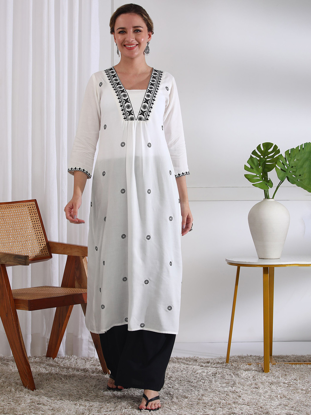 ANANDITA Floral Embroidered Thread Work A-Line urta