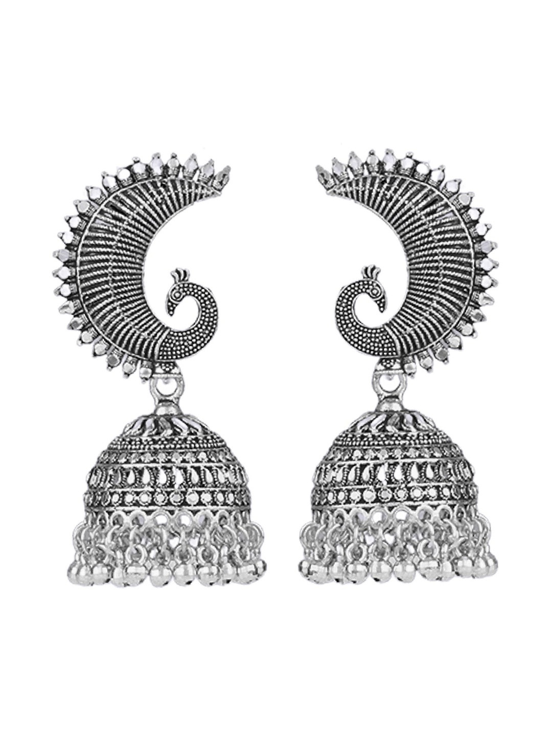 JFL - JEWELLERY FOR LESS Women Silver-Plated Peacock Shaped Oxidised Jhumkas Earrings