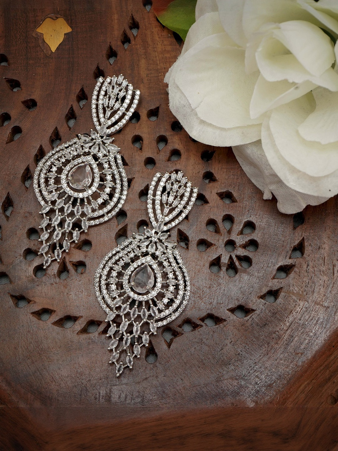 Gemron Jewel Rose Gold-Plated American Diamond Studded Chandelier Teardrop Drop Earrings