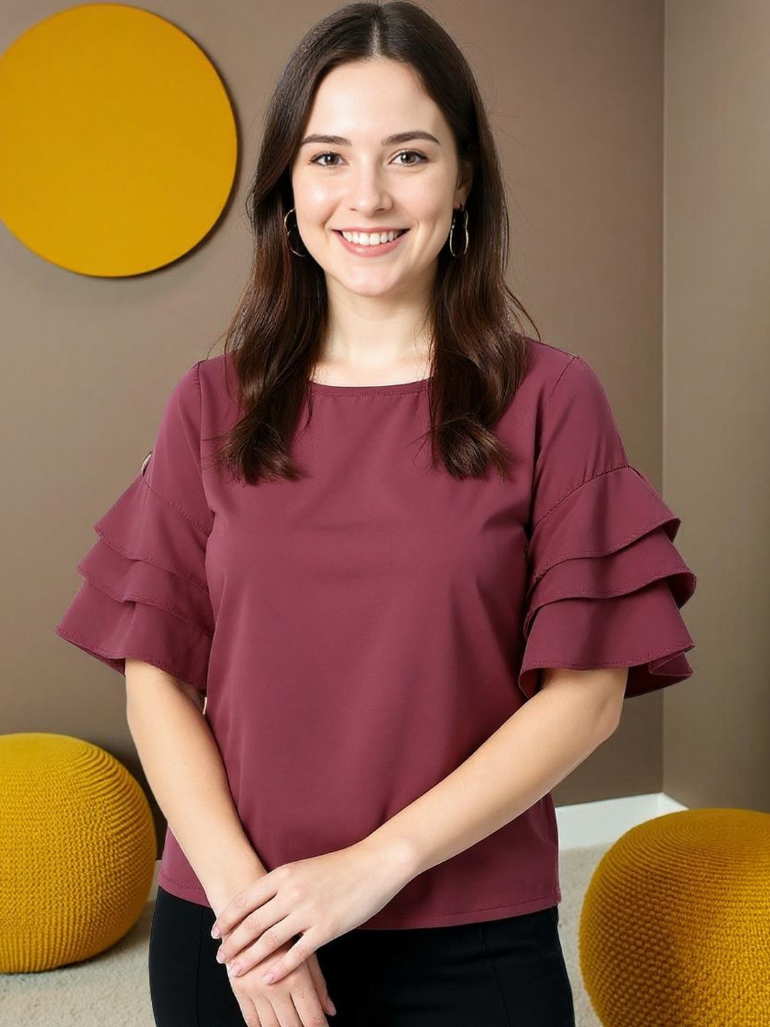 SZN short Women Round Neck Flutter Sleeves Top