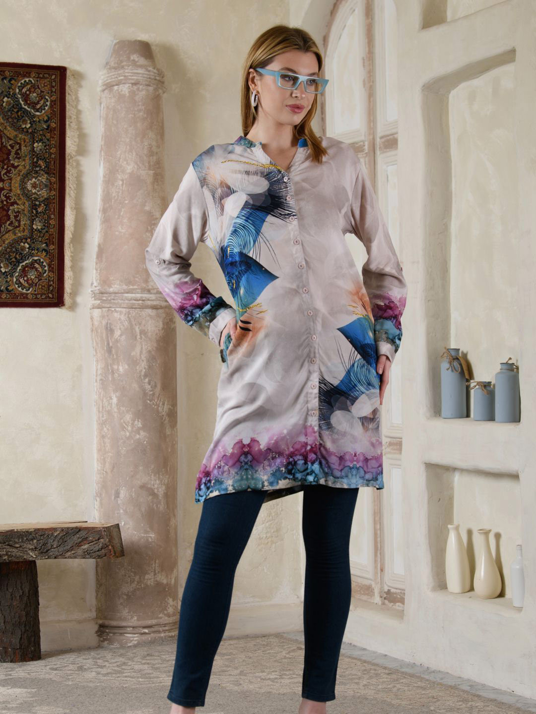 Saraj Women Mandarin Collar Floral Printed Tunic