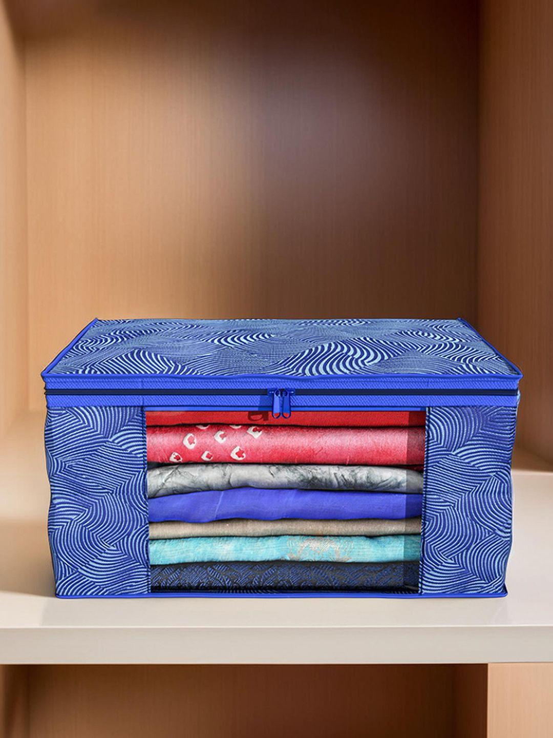 Kuber Industries Blue & White Printed Saree Cover With Zip Closure