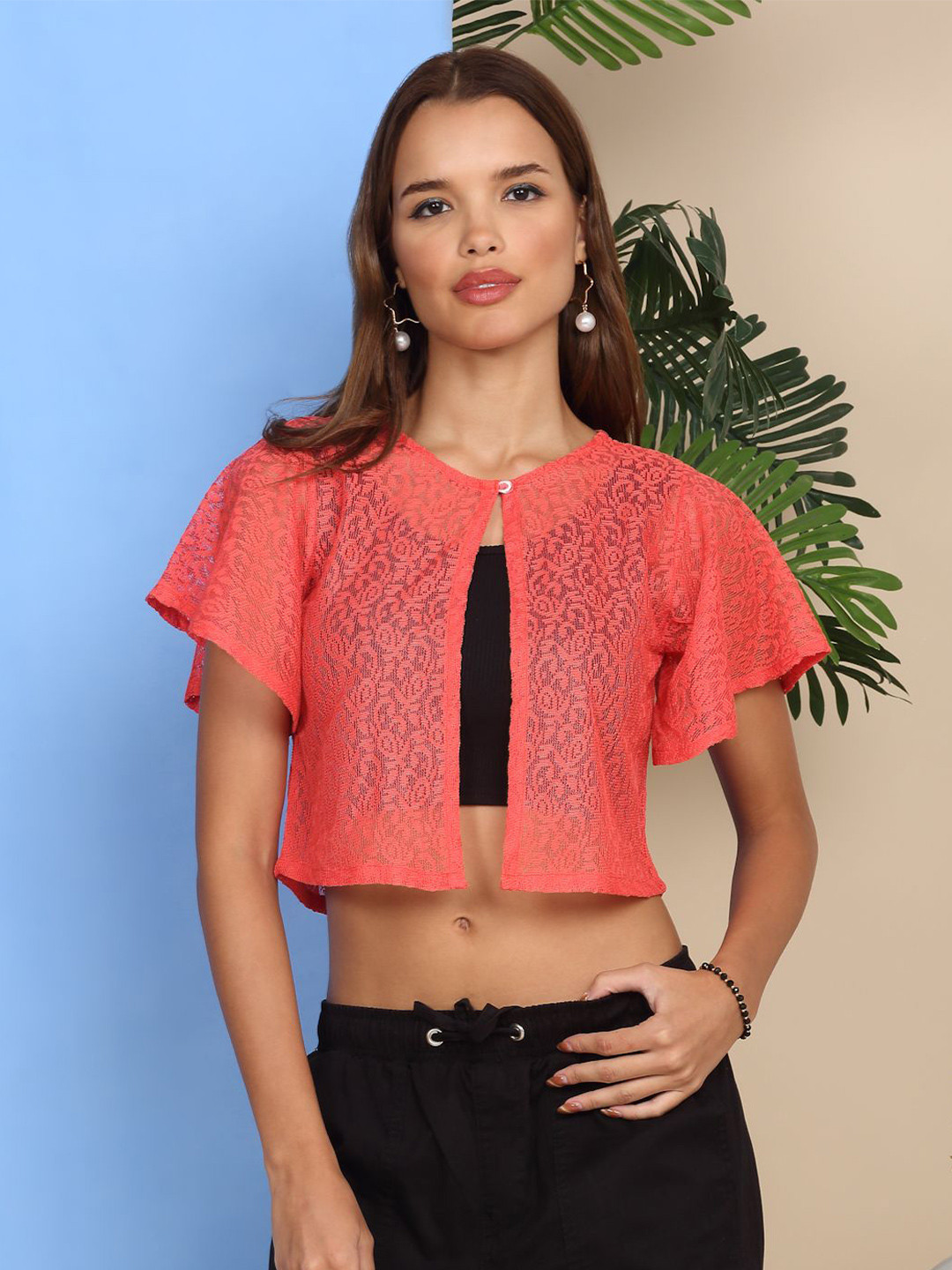 MORDEN MUSE Self Design Flared Sleeve Button Crop Shrug