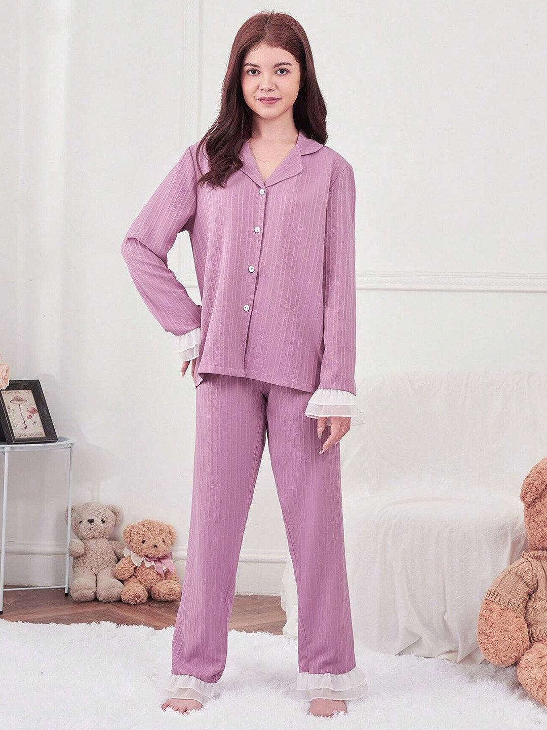 PAGHDAL BROTHER Girls Shirt Collar Night Suits