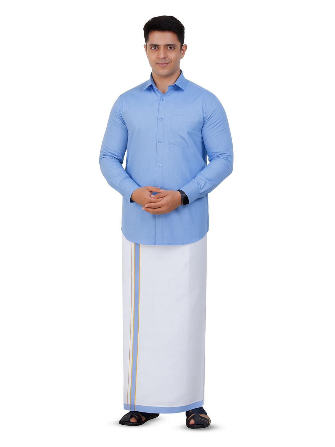 PRAKASAM COTTON Readymade Full Sleeve Shirt and Matching Border Dhoti Set