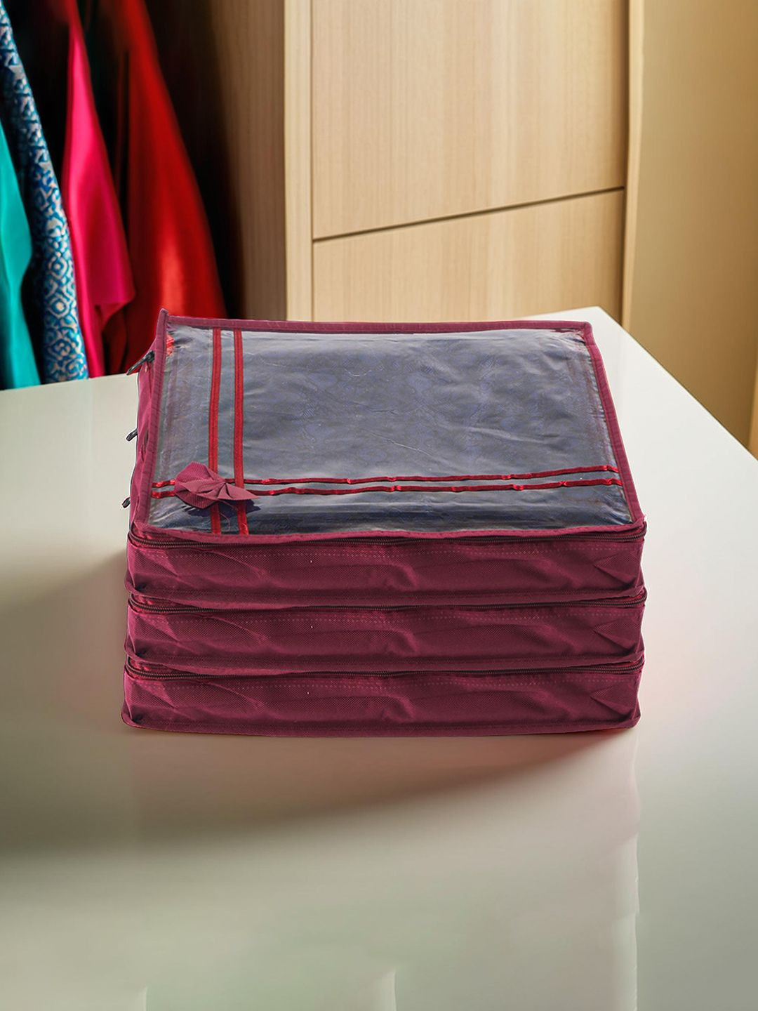 Kuber Industries Maroon & Transparent 3 Pieces Bow Single Saree Cover with Zipper Closure