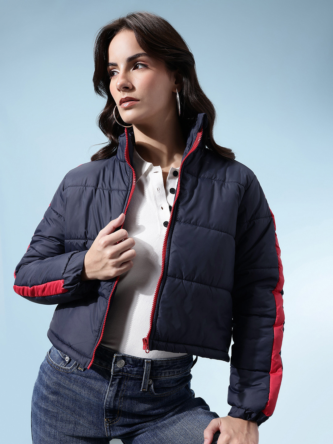 glitchez Mock Collar Puffer Jacket with Sleeve Taping