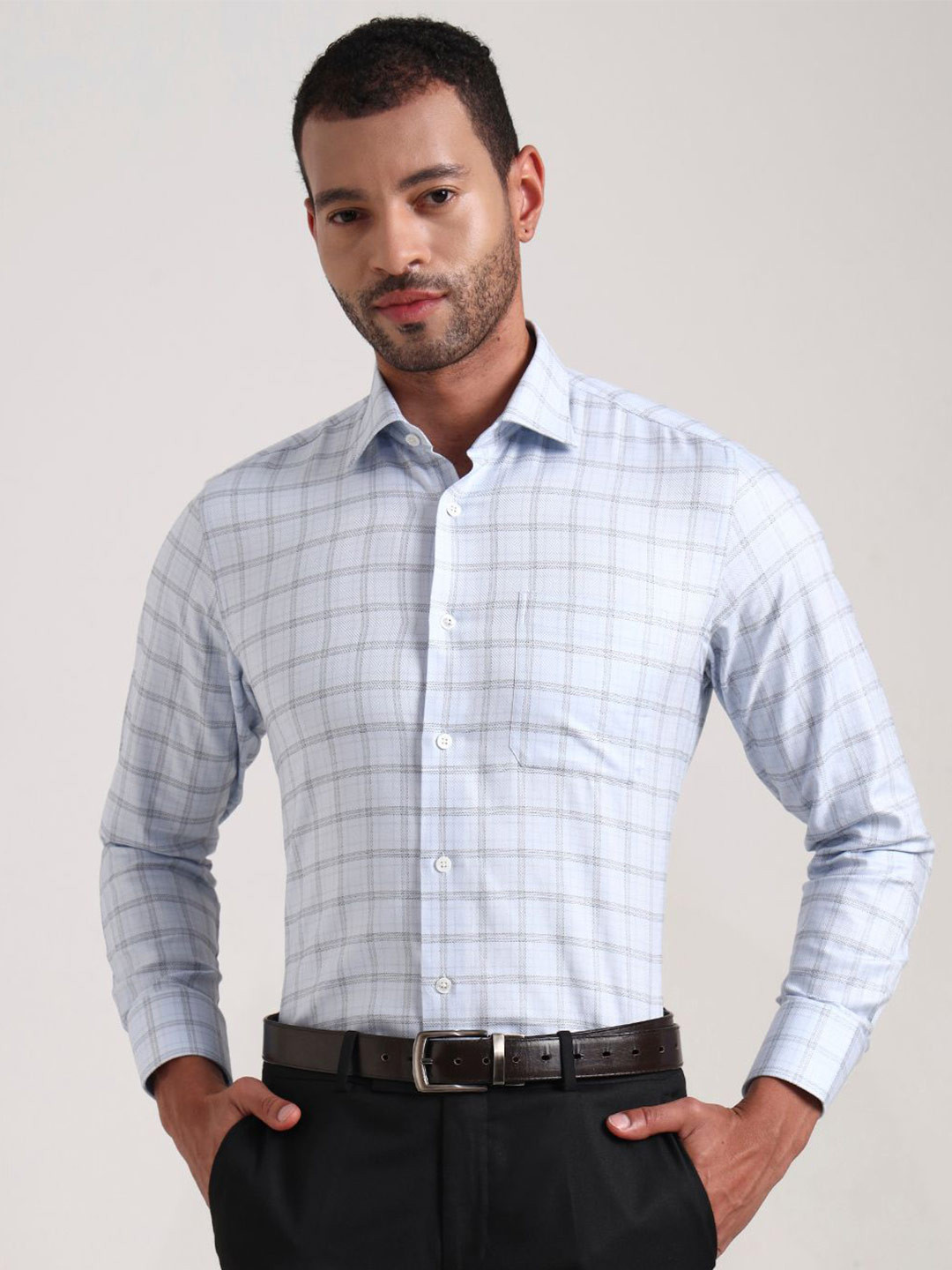 JADE BLUE Men Windowpane Checked Cotton Slim Fit Shirts