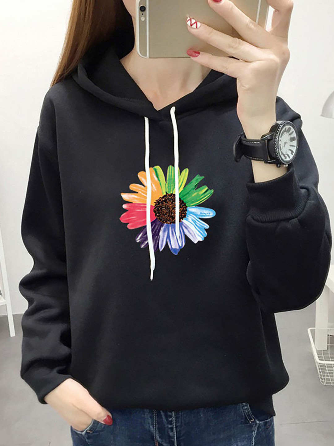 KPOP Women Floral Printed Long Sleeves Hooded Pullover Sweatshirt