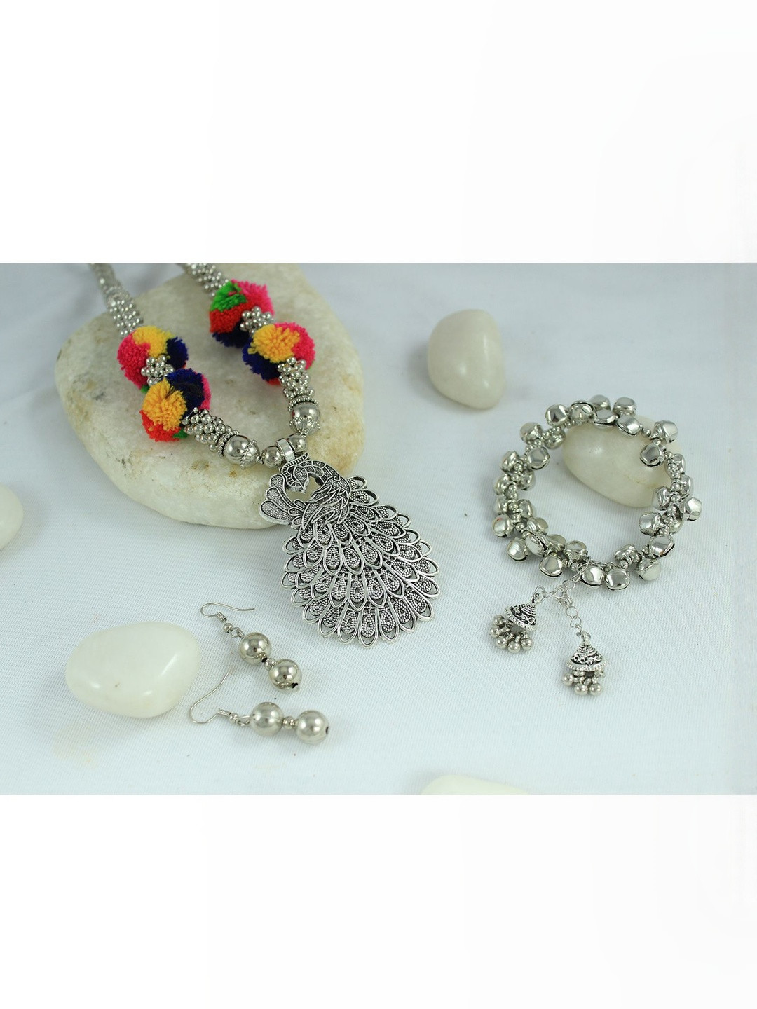 JFL - JEWELLERY FOR LESS Silver-Plated Oxidised Peacock Brass Necklace & Earrings