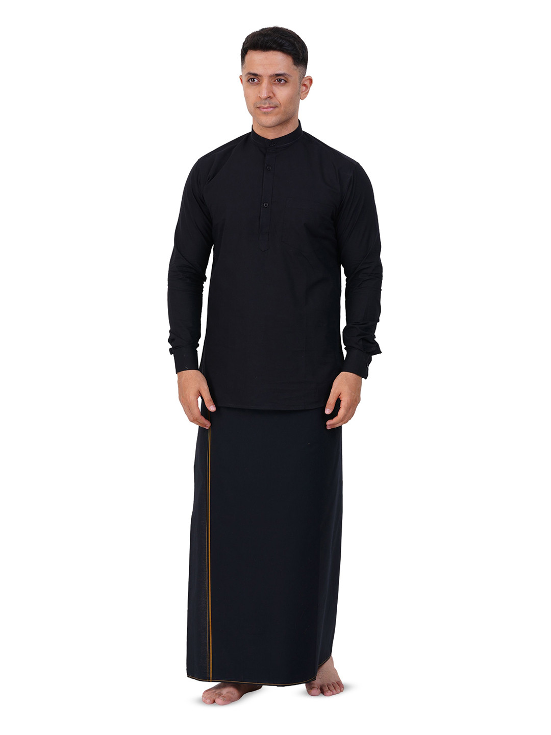 PRAKASAM COTTON Mens Flexi Adjustable Pocket Dhoti with Full Sleeve Mandarin Short Kurta