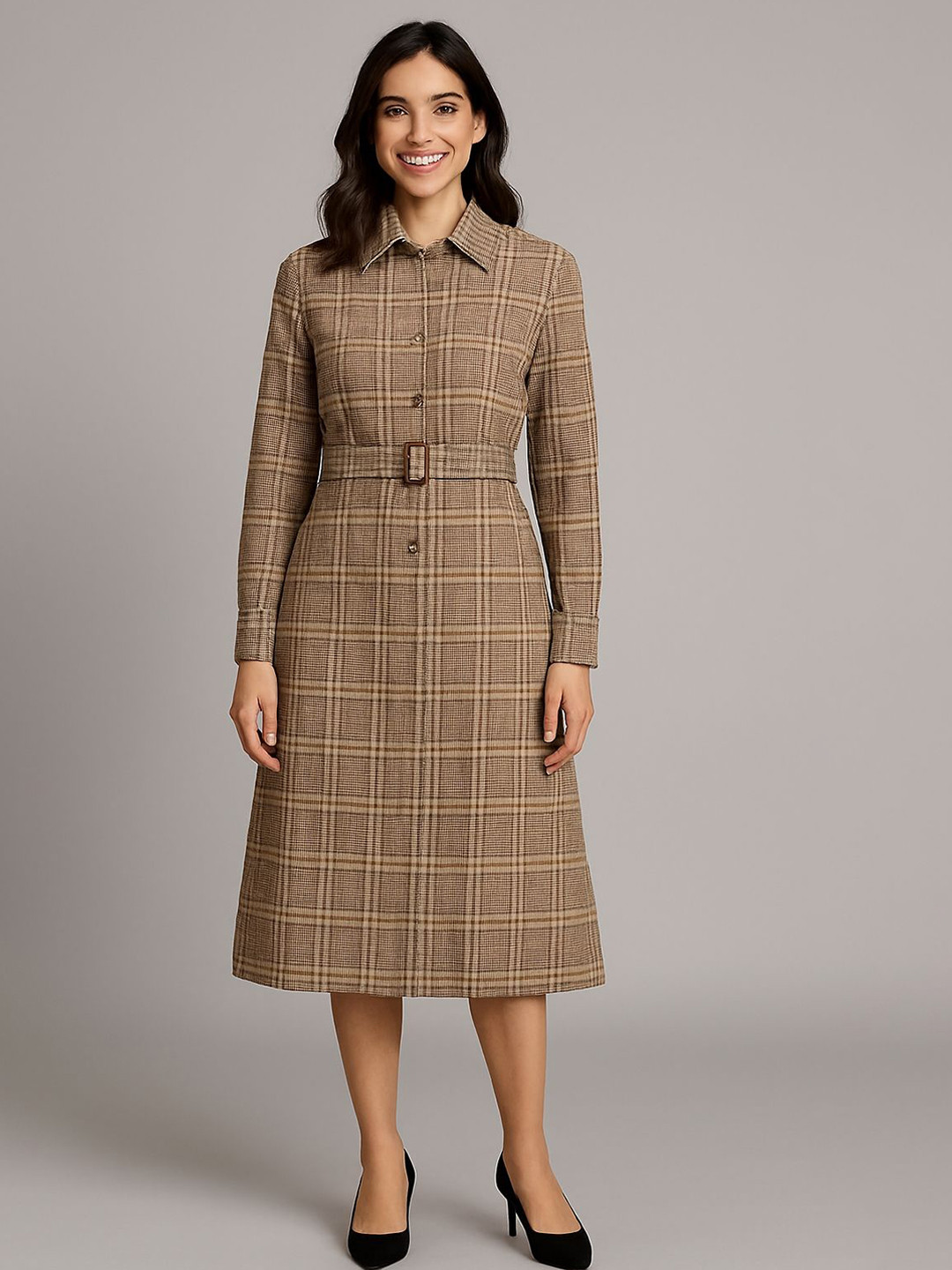 Wineberry Women Checked Belted Woollen Shirt Midi Dress