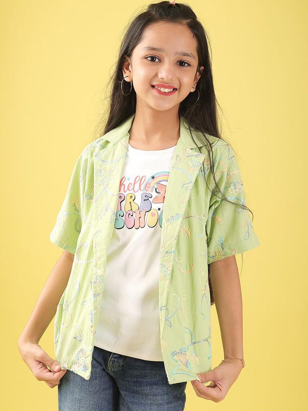Ishti Girls Embroidered Shirt Style Tops with T-shirt