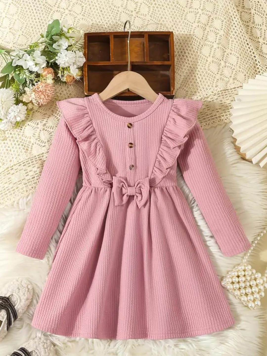 JINJIN FASHION Girls Ribbed Ruffles Fit & Flare Dress With Bow