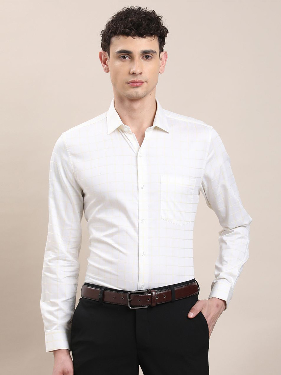 Turtle Men Standard Slim Fit Checked Spread Collar Pure Cotton Formal Shirt