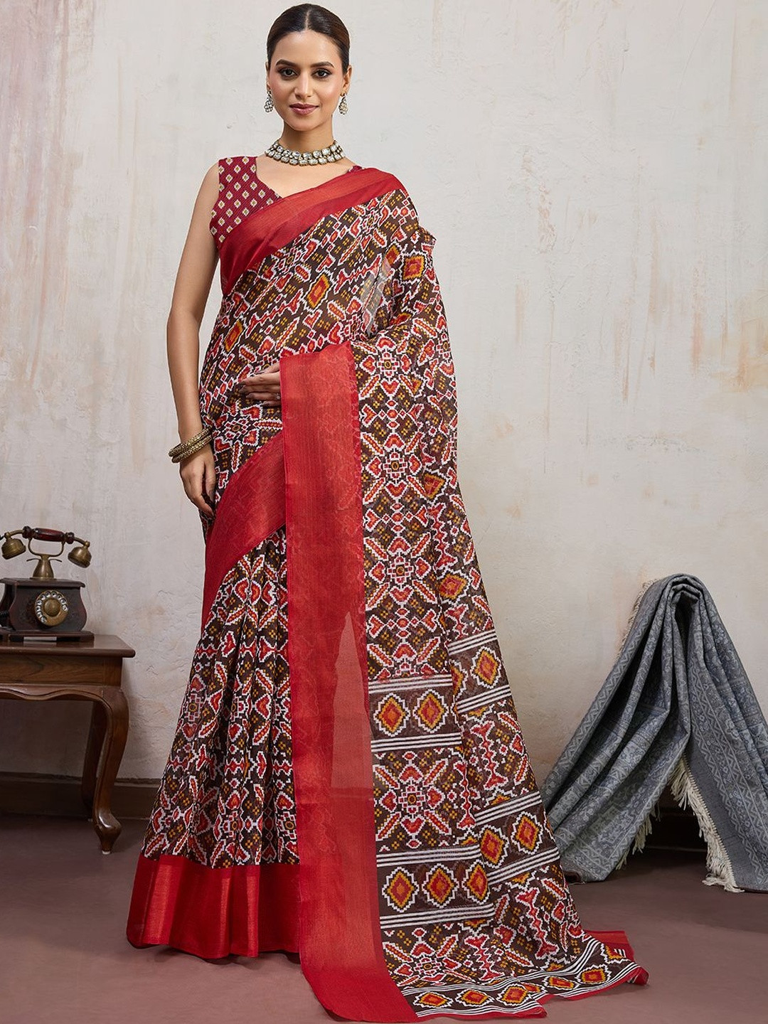 BFM Geometric Printed Pure Cotton Saree With Blouse Piece