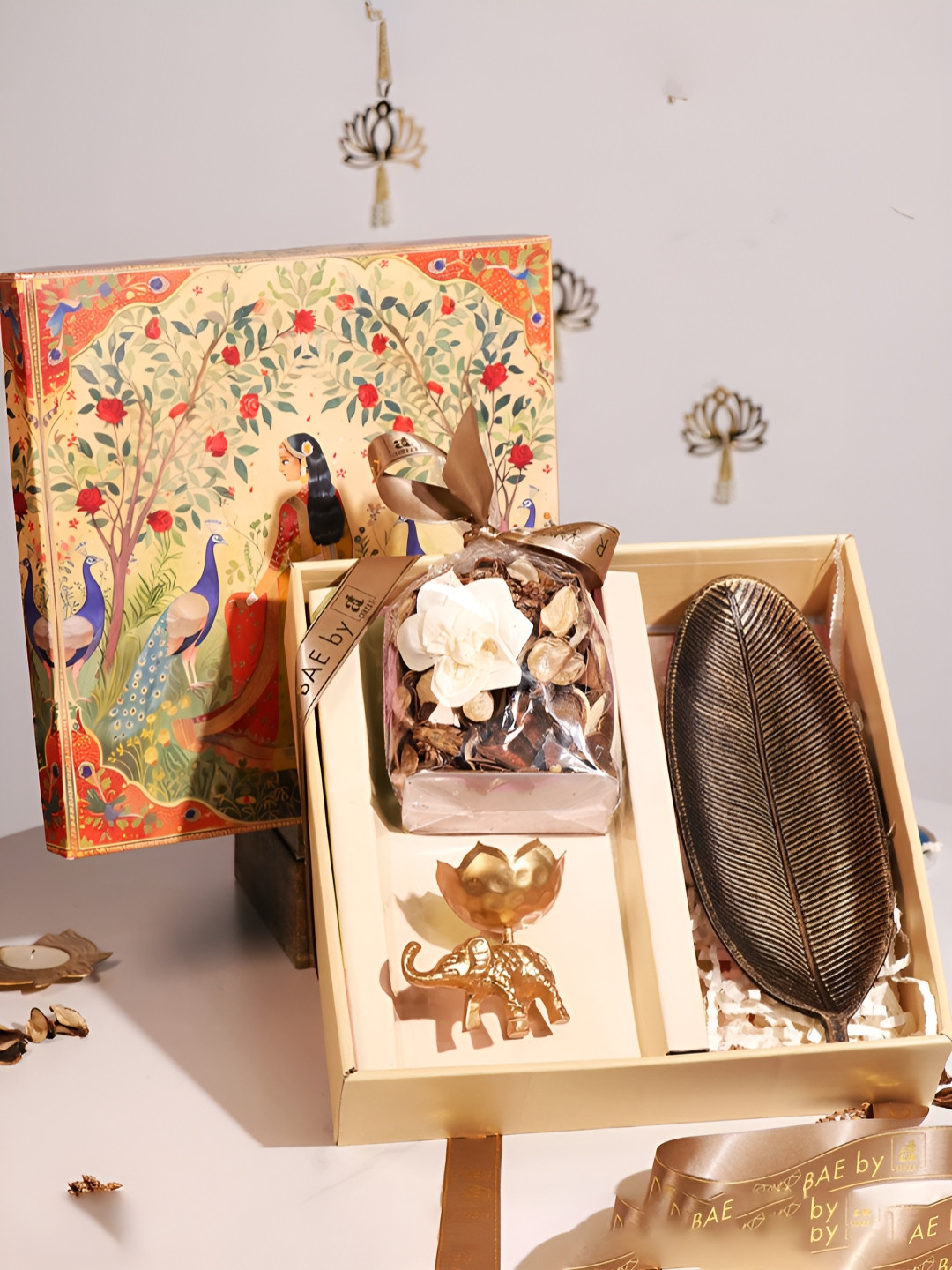 Art Street Diwali Gift Hamper Box with Mogra Scent Potpourri, Elephant Candle and Tray
