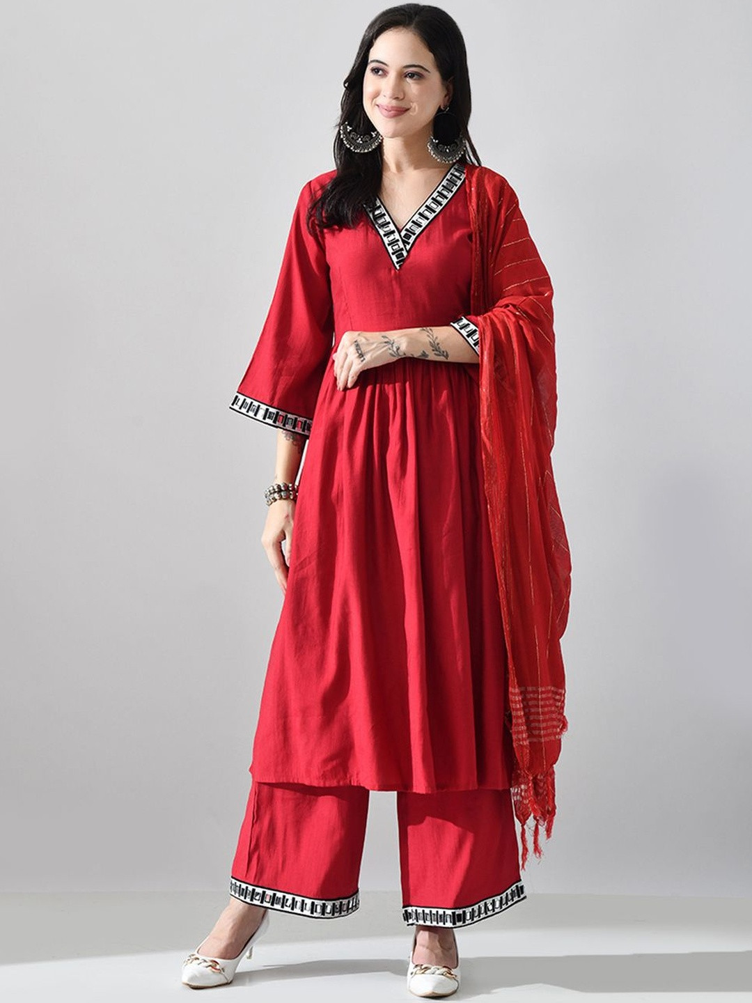 Myshka Women Ethnic Motifs Anarkari Mirror Work V-Neck Kurta with Palazzos & Dupatta