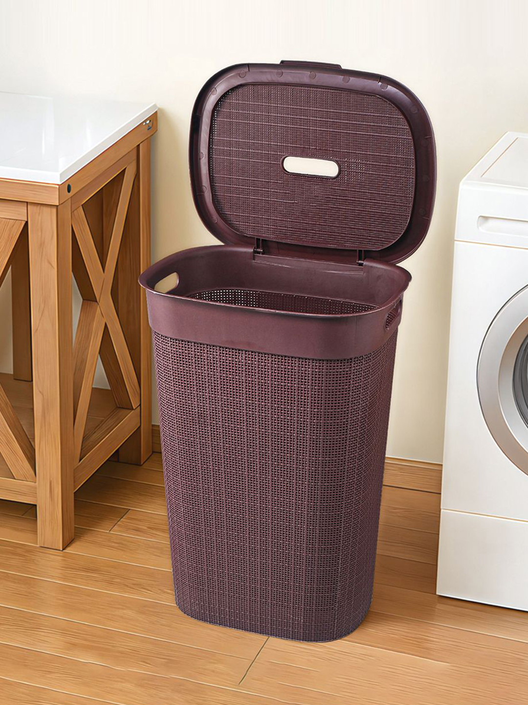 Kuber Industries Brown Woven-Designed Laundry Basket With Lid & Handle - 55 L