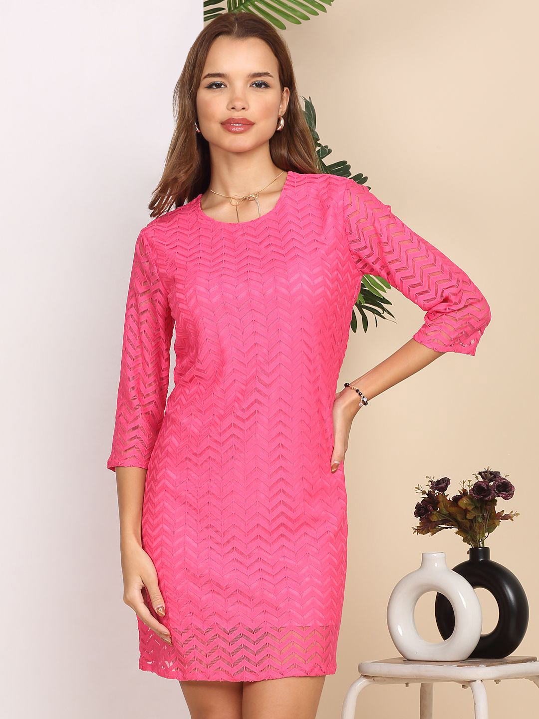 MORDEN MUSE Self Design Round Neck Sheath Midi Dress