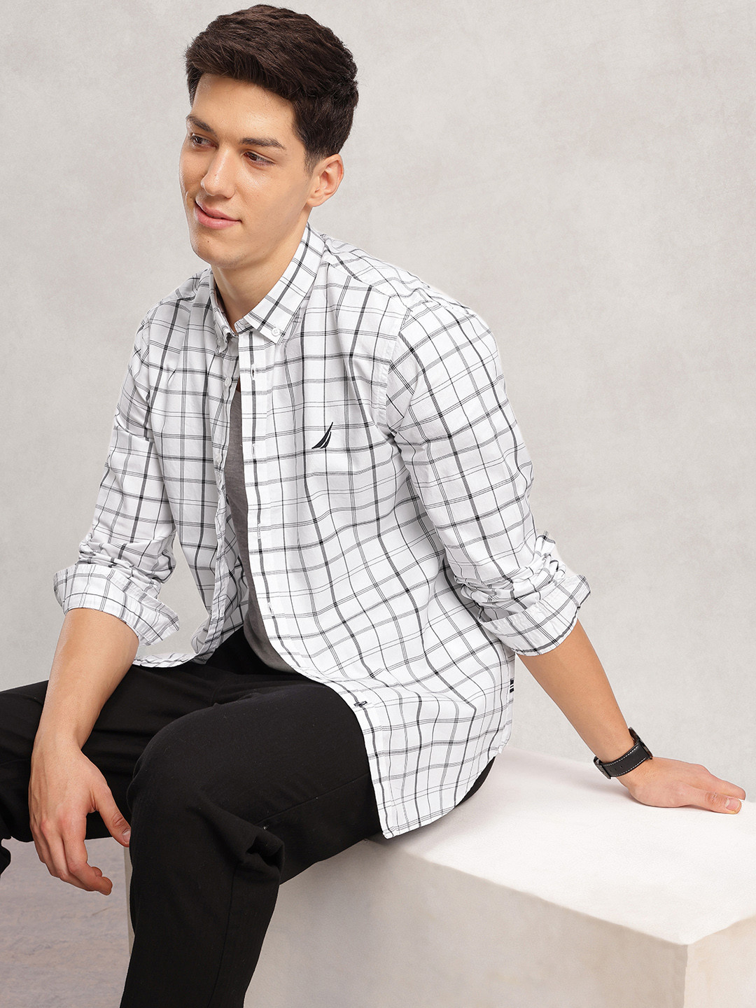 Nautica Slim Fit Checked Pure Cotton Casual Shirt