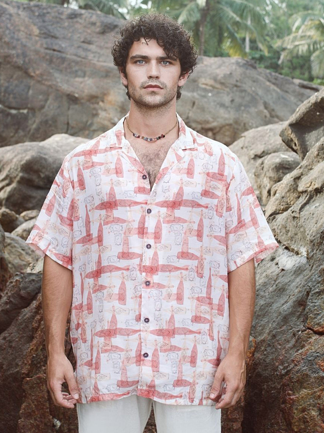 QB MEN Classic Printed Spread Collar Organic Cotton Oversized Shirt