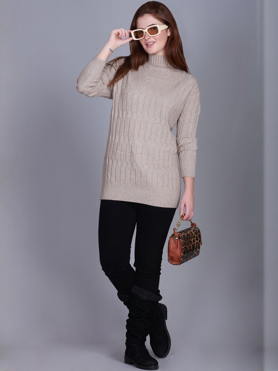 BLESSINTIMATES Women High-Neck Cable Knit Sweater