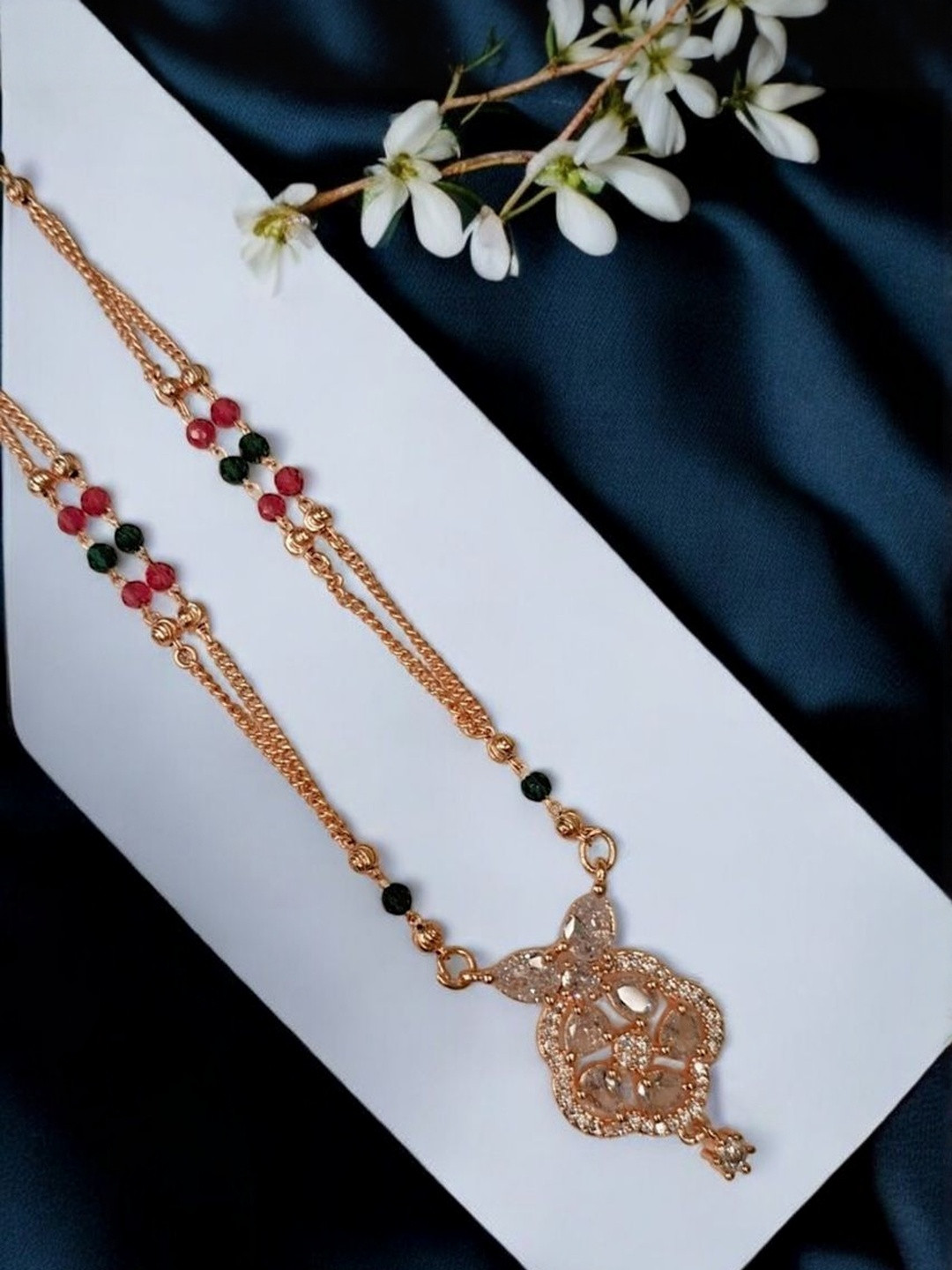 INDIAURA MODE Rose Gold-Plated Crystals Studded & Artificial Beaded Mangalsutra