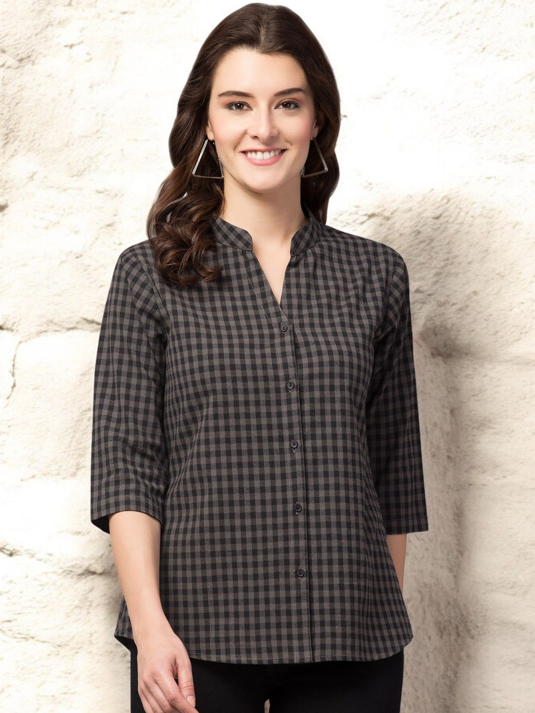 INUKA Women Tartan Checked Mandarin Collar Cotton Shirt