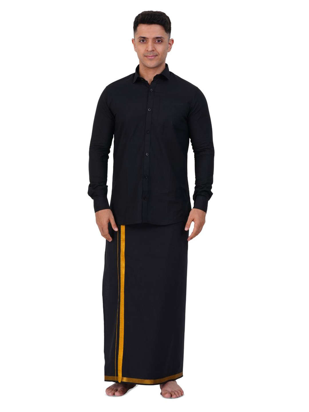 PRAKASAM COTTON Mens Single Jari Border  Black Dhoti with  Readymade Full Sleeve Shirt